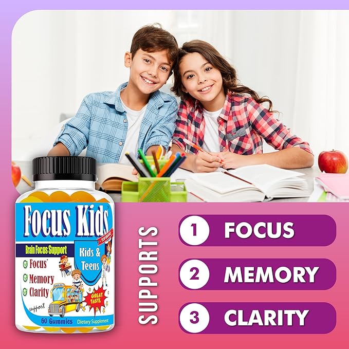 Focus Kids Gummies for Kids and Teens, Attention, Memory & Concentration, Focus Supplement for School & Study Brain Vitamins for Children DHA & Omega 3-6-9 – 60ct