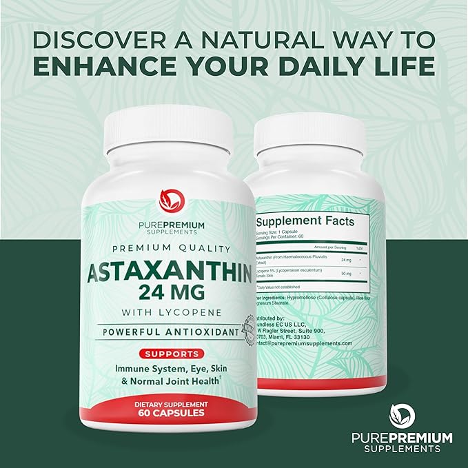 PurePremium Astaxanthin Supplements - Astaxanthin 24mg with Lycopene 50mg Antioxidants Supplement for Skin & Eye Health, & Immune System Support – Non-GMO - 60 Count, 2 Month Supply