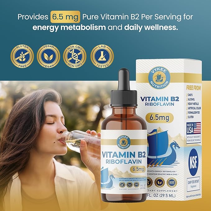 Vykee Nutrition Vitamin B2 Riboflavin Drops - Liquid B2 Supplement for Energy Metabolism, Cellular Function and Vision Support - Vegan, Non-GMO, Gluten-Free, GMP Certified - 6.5 mg, 30 Servings