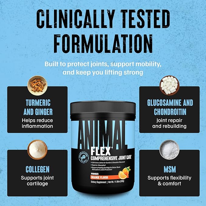 Animal Flex Powder - Joint Support Supplement for Pain Relief, Repair and Restore Muscles with Turmeric, Glucosamine, Chondroitin, MSM, Collagen and Boswellia, Great Tasting Orange Flavor, 30 Scoops