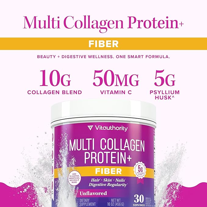 Vitauthority Multi Collagen Protein Powder + Fiber Supplement Collagen Types I, II, III, V & X | Hair, Skin, Nail, & Digestive Support | Vitamin C & Hyaluronic Acid, Unflavored 30 Servings