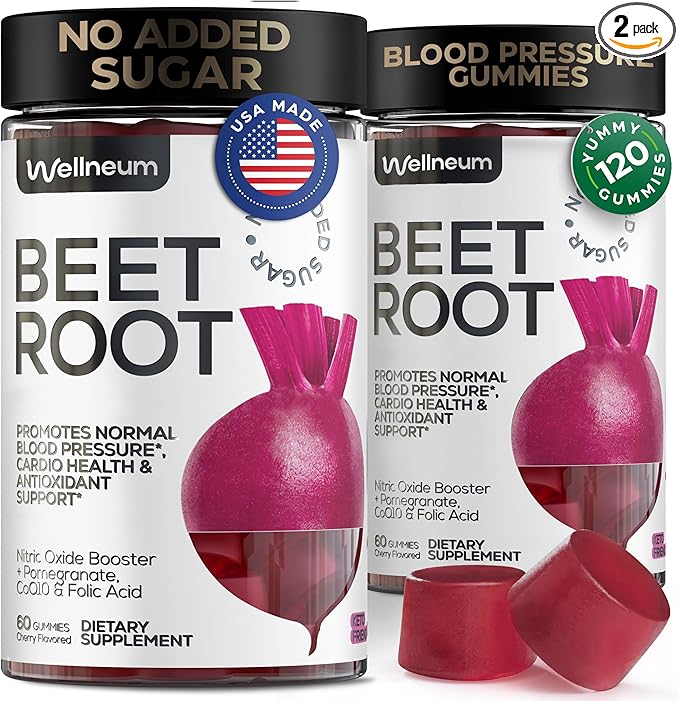 Beets for High Blood Pressure 120 Pcs (2 Pack) - Beet Root Chews with Pomegranate Juice Powder - Nitric Oxide Gummies for Energy, Cardio Health - Gummy Supplement for Men and Women - Sugar Free