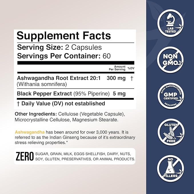 Gade Nutrition Ashwagandha Supplements - Extra Strength, ashwagandha Powder Capsules with Black Pepper, Natural Mood, Focus, and Energy Support Supplement, 120 Veggie Capsules, USA Made