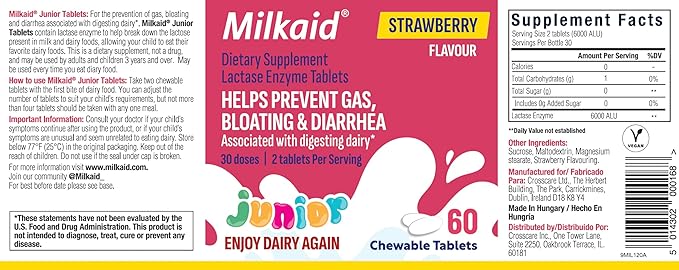 Milkaid Junior Lactase Enzyme Chewable Tablets for Lactose Intolerance | Prevents Gas, Bloating, Diarrhea in Children| Fast Acting Dairy Digestive Supplement for Kids| Strawberry Flavor | 60 ct (3)