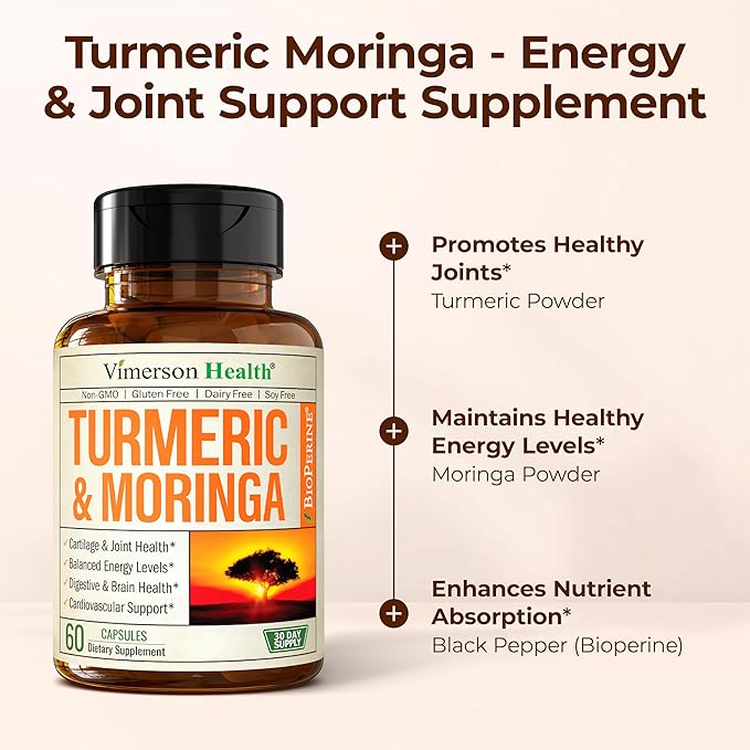 Moringa Turmeric Curcumin Supplement for Joint Health, Gut Health, Energy & Immune Support – Turmeric Curcumin with Black Pepper – Total Wellness Formula with Tumeric Moringa Pure Capsules – 60 Count