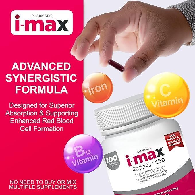 i-max Iron Supplement 150 mg, Vitamin C 250 mg & B12 1000 mcg, Iron Supplement Treatment for Women & Men, Once Daily, 100 Capsules