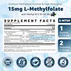 L-MethylFolate 15mg & Methyl B12 Gummies, Methylated B1, B2, B6 Multivitamins - Active 5-MTHF & High Absorption - Supports MTHFR Gene, Cognition, Homocysteine Levels, Folate Metabolism, Vegan, 60 Cts