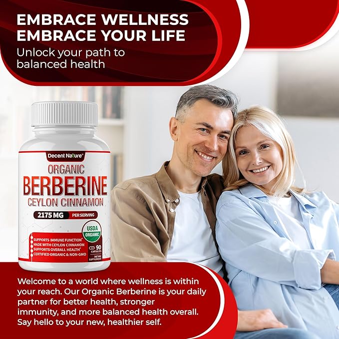 Organic Berberine with Ceylon Cinnamon 2175mg - Premium berberine supplement high purity extract USDA Organic, support immune system, Berberine Plus Complex, Non-GMO Vegan for Men Women 90 Capsules