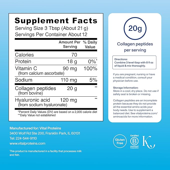 Vital Proteins Collagen Peptides Powder Advanced with Hyaluronic Acid & Vitamin C, Collagen Supplements, Unflavored, 12 Servings