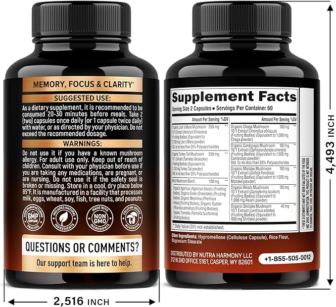 Mushroom Supplement - Organic Lions Mane | Turkey Tail | Chaga | Cordyceps | Reishi | Maitake | Shiitake | Meshima | Tremella | Oyster | Agaricus - Made in USA - Non GMO, Gluten Free - 120 Capsules