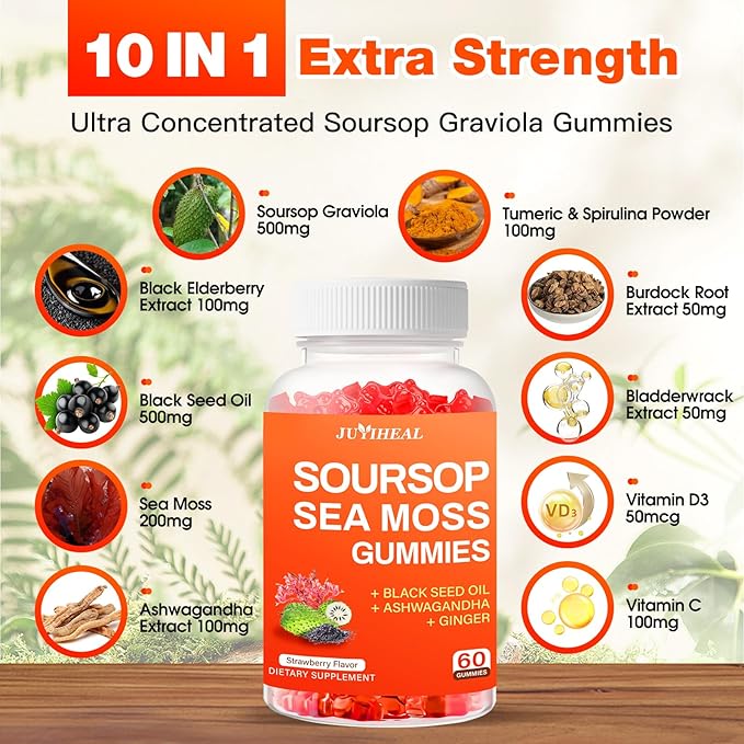 10-in-1 Soursop Graviola with Sea Moss Gummies, Soursop Leaves Extract with Vitamin C, Zinc for Immunity and Antioxidant, Gluten Free, Vegan 60 Gummies 2Pack