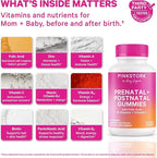 Pink Stork Fertility + Prenatal + Postnatal Gummy Vitamins – Full Motherhood Journey Support – Multivitamin with Folate, B Vitamins, Zinc & Biotin – Postpartum Essentials - 60 Assorted Fruit Gummies