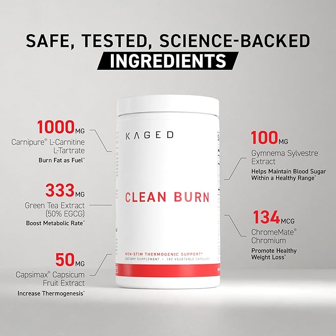 Kaged Clean Burn Capsules | Unflavored | Thermogenic Weight Management | Boost Metabolism | Stimulant & Caffeine Free | Supplements for Men & Women | 90 Servings