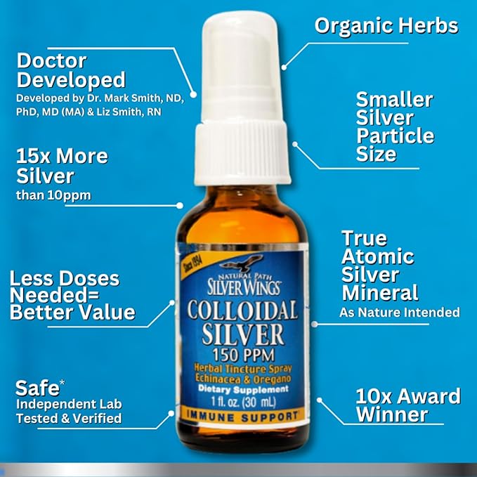 Natural Path Silver Wings Colloidal Silver 150ppm (750mcg) w/Echinacea & Oregano Immune Support Supplement - 1 fl. oz Spray