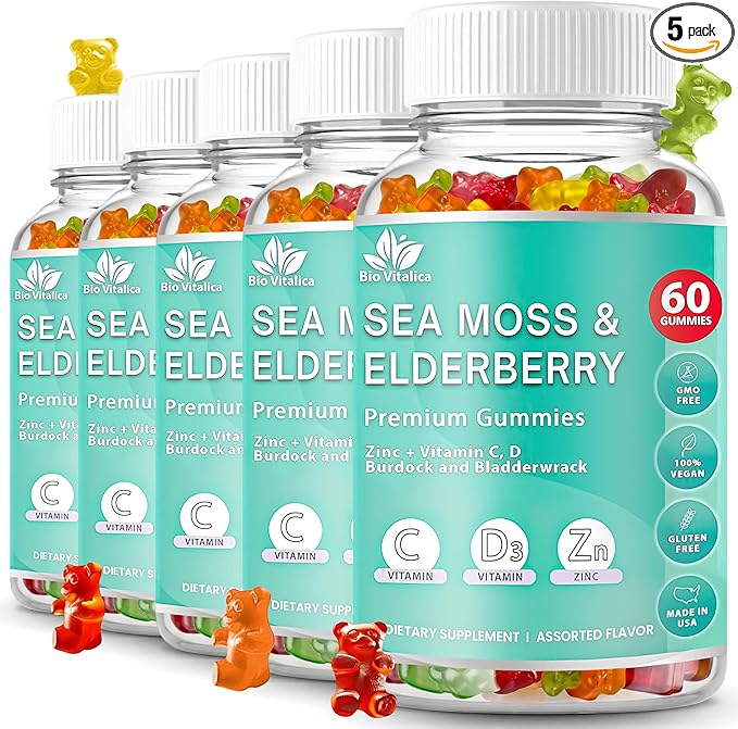 BIO VITALICA Irish Sea Moss Gummies with Elderberry – USA Made Vegan Gummies with Vitamin C, D & Zinc – Immune Support Supplement with Bladderwrack & Burdock Root for Adults & Kids – 5 Pack