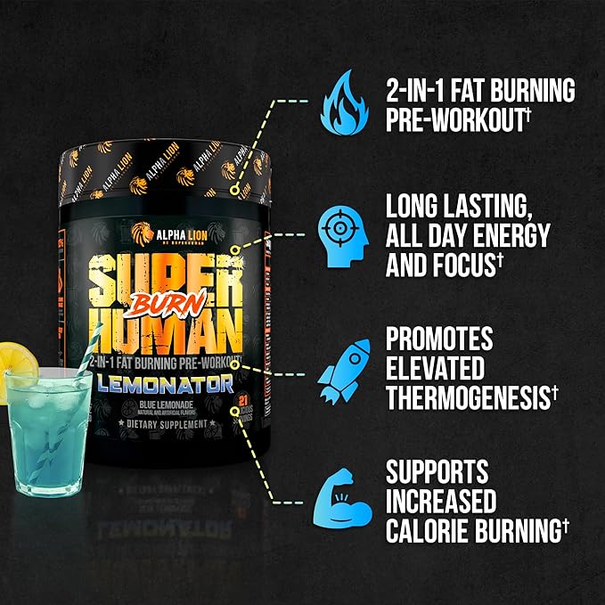 ALPHA LION Superhuman Burn – 2 in 1 Metabolism Booster Pre Workout and Thermogenic Fat Burner for Men – Appetite Suppressant and Weight Loss Supplement (21 Servings, Lemonator)