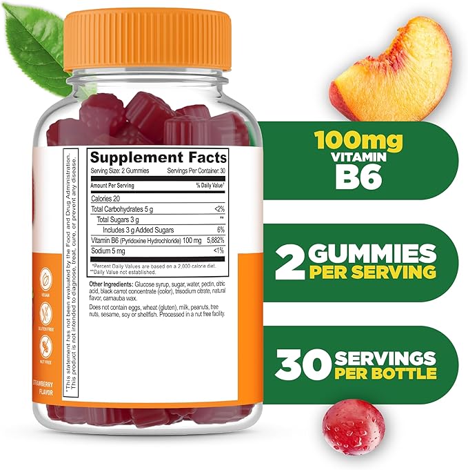 Lifeable Vitamin B6 Gummies | 100mg | Great Tasting VIT B6 Supplement | Vegan B6 Vitamins for Nerve Support Supplement | Vitamin B 6 for Adults, Men, Women | 60 Gummies (Pack of 2)