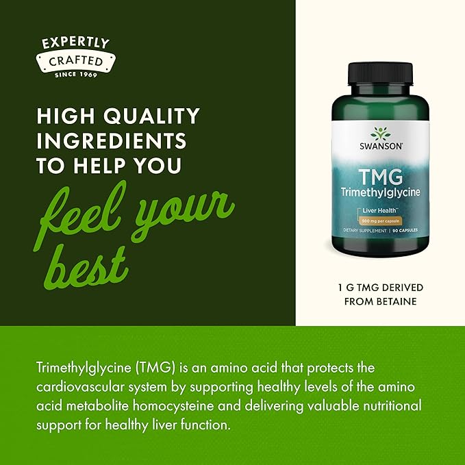 Swanson TMG Trimethylglycine - Amino Acid Supplement Promoting Healthy Liver Function & Heart Health Support - (90 Capsules, 500mg Each)