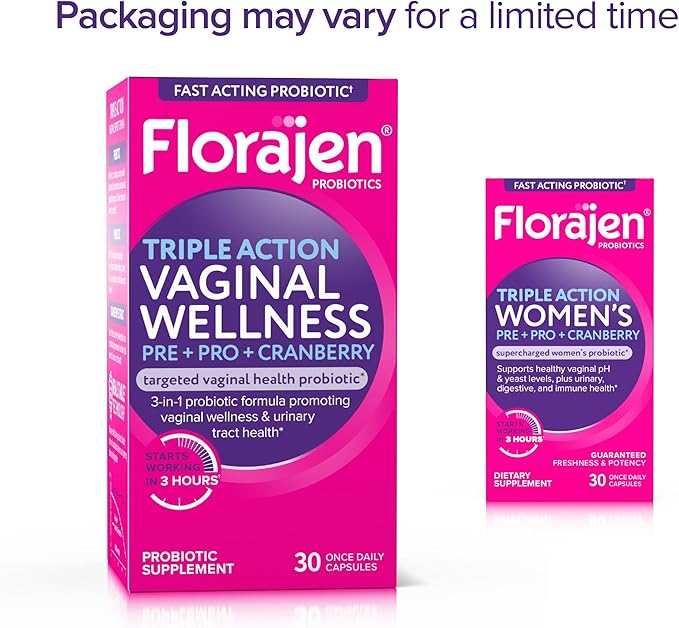 Florajen Women’s Triple-Action Probiotic, Prebiotic + Probiotic + Cranberry for Vaginal, Digestive, & Immune Support - Fast-Acting - Clinically-Studied - Gluten-Free & Vegan - 30-Count