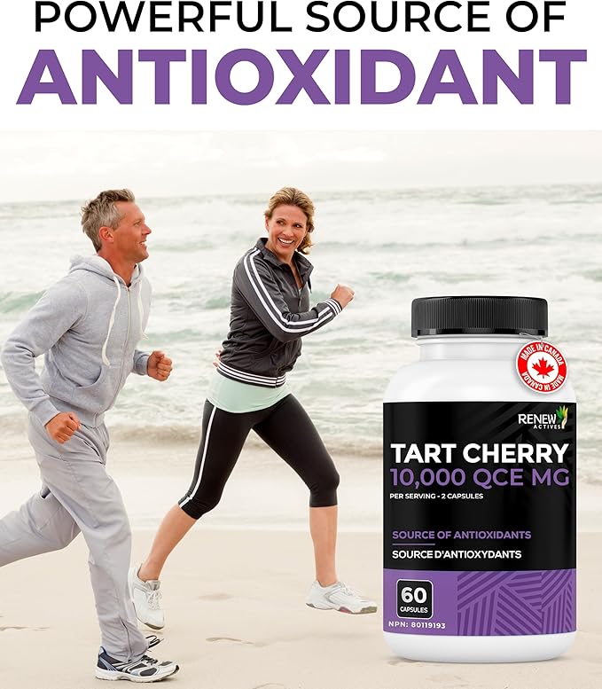 Renew Actives Tart Cherry Extra 500mg per 2 Capsules – High-Potency Antioxidant for Free Radical Protection & Wellness – 60 Easy-to-Swallow Capsules – Made in Canada