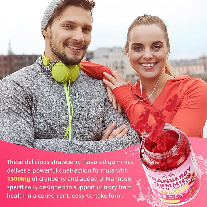 2 Pack Vegan Cranberry Gummies with D Mannose - Supports Urinary Tract Health for Women & Men, Sugar-Free, Non-GMO and Gluten Free, Strawberry Flavor, 120 Count