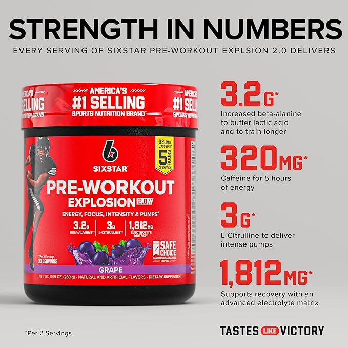 Six Star Pre-Workout Explosion, Grape (30 Servings) - Preworkout Energy Powder Supplement for Men & Women - Workout Drink Mix with L-Tyrosine & Beta Alanine - Sports Nutrition Products