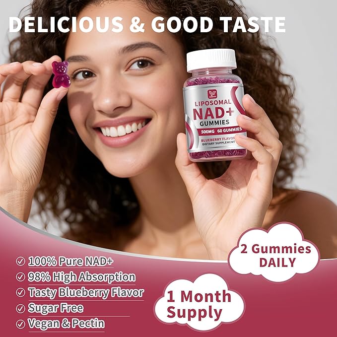 Hudetex NAD Gummies Supplement for Women & Men, Pure 500mg Liposomal NAD - Cell Regeneration, Energy & Metabolism Support, Vegan,Sugar Free，Additives Free, 60 Counts,Blueberry Flavor