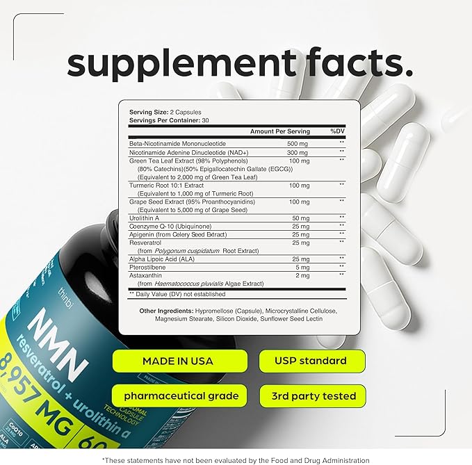 NMN Supplement 8957mg with Real NAD+ Not Just a Booster | Urolithin A, Resveratrol, CoQ10, Alpha Lipoic Acid, Green Tea Extract | Cellular Longevity & Energy Support for Men & Women