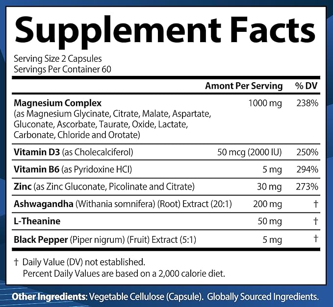 1000mg Magnesium Complex for Women and Men, 12 in 1 Magnesium Supplement with Ashwagandha, Zinc, D3, L-theanine. Easy to Swallow, High Absorption, Sleep Support & Stress Relief (120 Capsules)
