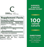 Nature's Bounty Vitamin C + Rose HIPS,Immune Support,1000mg Vitamin C,Coated Caplets,1 Serving per Day,Vegetarian Caplets,100 Ct,(Pack of 2)