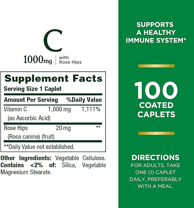 Nature's Bounty Vitamin C + Rose HIPS,Immune Support,1000mg Vitamin C,Coated Caplets,1 Serving per Day,Vegetarian Caplets,100 Ct,(Pack of 2)