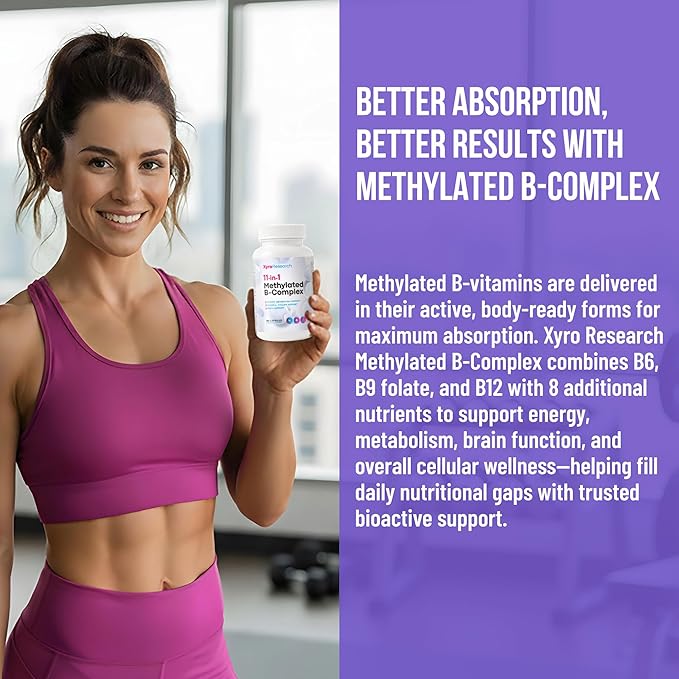 Methylated B-Complex Vitamins - Complete Bioactive Methyl B-Vitamins B12 B6 B9 5-MTHF for Energy Heart Brain & Methylation - Women Men Bio Active Nutrients MTHFR Multivitamins Support
