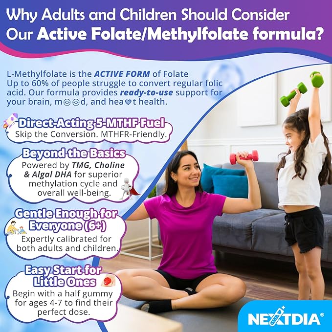 L-Methylfolate 1000 mcg + Methyl B12 Gummies for Kids & Adults - Active 5-MTHF, w/Omega-3 DHA & EPA(3:1), Choline & TMG, B6, Supports MTHFR Gene, Brain, Energy & Methylation, Sugar free, 120 Cts