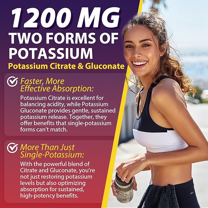 Potassium Citrate and Potassium Gluconate Supplement, 1200mg Two Forms of Potassium Gummies, w/Magnesium, Omega-3, Calcium, Vitamin D3 K2 B12 E B6, Folate for Mṵṣḉḷḙ, Nerves, Health Bones, 120Cts