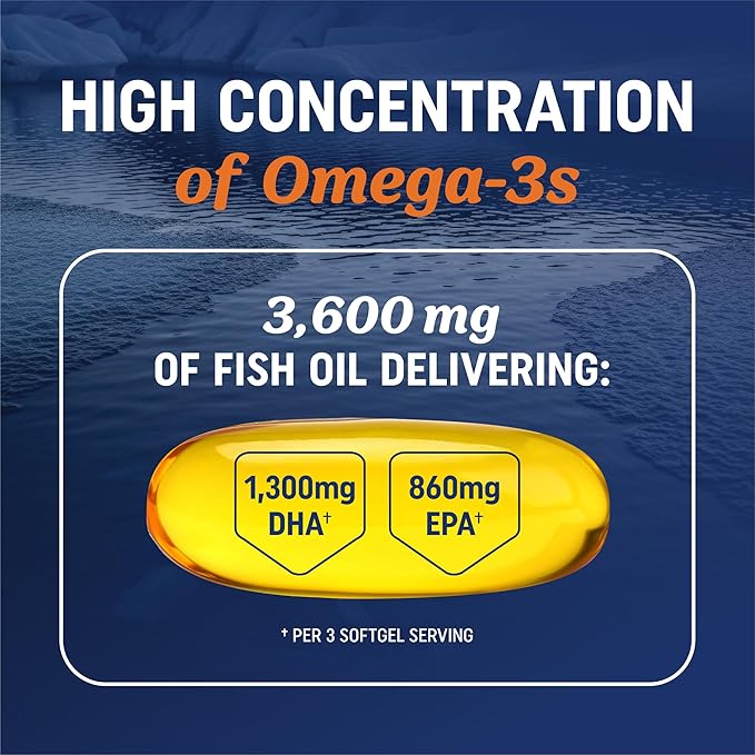 Triple Strength Omega 3 Fish Oil 3600 mg | EPA & DHA | Over 2100mg Omega-3 Fatty Acids | 1300mg EPA + 860mg DHA | Best Essential Fatty Acids | Premium Wild Caught & Burpless Fish Oil | 180 Ct
