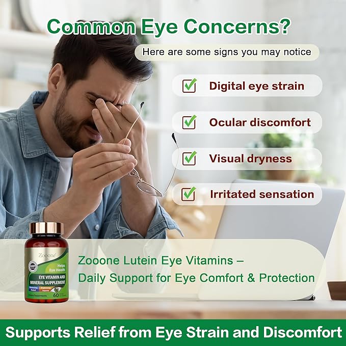 zooone- 60pcs Lutein Eye Vitamins Supplement Nutritional Supplement for Macular Health & Dry Eye Support, Contains Lutein, Zinc, Vitamins C/E & Zeaxanthin