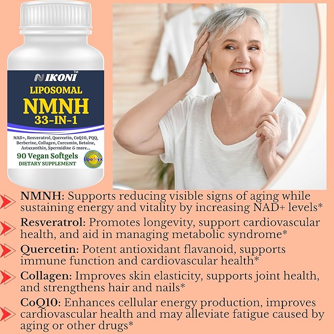 Nikoni Vegan Liposomal NMNH Softgels, 33-in-1 Formula with 1000mg NMNH per seving, NAD+ Support – Promotes Cellular Energy, Immune Health & Healthy Aging – 90 Vegan Softgels