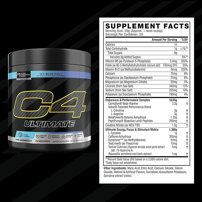 C4 Ultimate Pre Workout Powder ICY Blue Razz - Sugar Free Preworkout Energy Supplement for Men & Women - 300mg Caffeine + 3.2g Beta Alanine + 2 Patented Creatines - 20 Servings