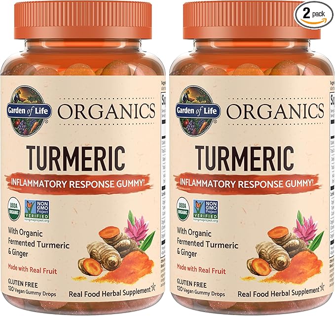Garden of Life Organics Turmeric Inflammatory Response Gummy - 120 Real Fruit Gummies for Kids & Adults, 50Mg Curcumin (95% Curcuminoids), No Added Sugar, Organic, Non-GMO, (Pack of 2)