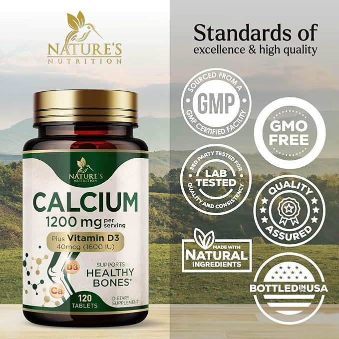 Calcium 1200 mg with Vitamin D3 Per Serving - Bone Health Supplement, Vitamin D & Calcium Supplements for Women & Men - Bone, Teeth & Immune Support, Nature's Calcium Pills, USA Bottled - 120 Tablets