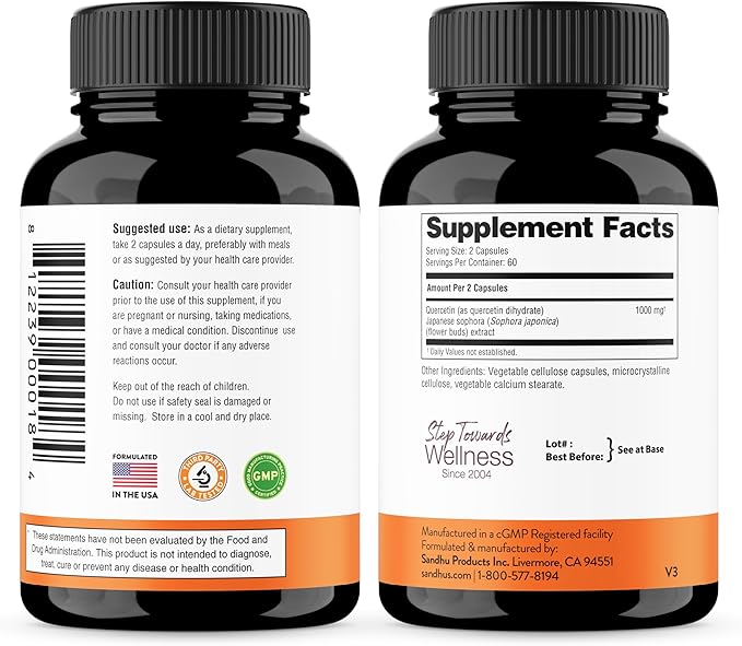 Sandhu's Quercetin Vegetarian Capsules Supplements 120 Count (Pack of 3) | 500mg per Capsule Bioflavonoids for Immune Support & Respiratory Health Seasonal Allergy Support | Quercitin for Men & Women