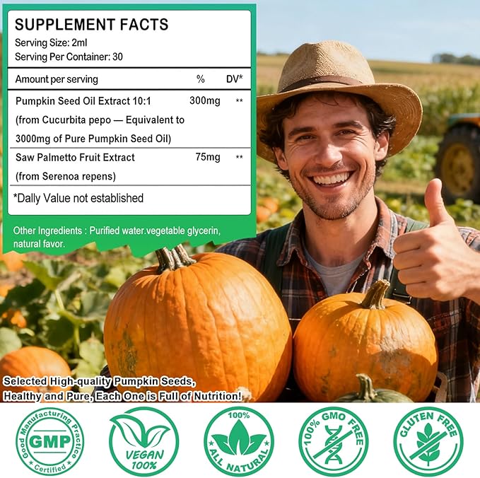 Pumpkin Seed Oil with Saw Palmetto Drops-High Concentrated Pumpkin Seeds Oil Supplement for Hair, Bladder & Prostate Health丨 Cold Pressed, High Absorption Liquid for Women & Men丨NON-GMO, Vegan, 2Fl Oz