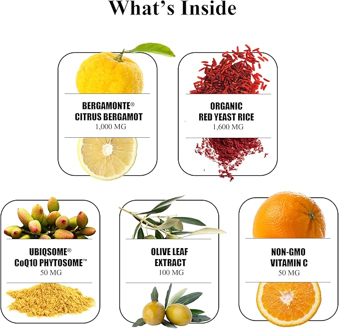 Durable Cholesterol Complete – Organic Red Yeast Rice 1,600 mg + Bergamonte® Citrus Bergamot 1,000 mg + Ubiqsome® CoQ10 + Olive Leaf + Vitamin C – Doctor Formulated, Made in USA (360 Capsules)