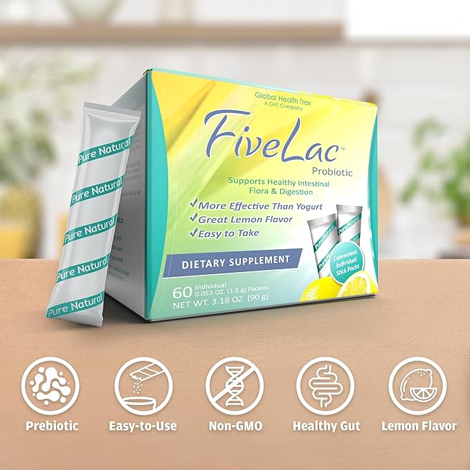 Global Health Trax GHT - FiveLac Lemon Probiotic Powder Drink Mix, Probiotics for Women, Men, Kids - Smooth Digestive Support & Elimination – Relieves Constipation & Gas - 60 Packets (4 Pack) Non-GMO