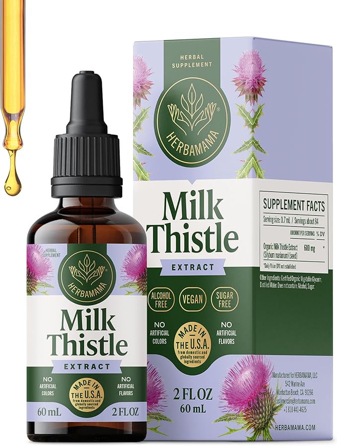 HERBAMAMA Milk Thistle Drops - Vegan Liver Support with Milk Thistle Extract Tincture - Non-GMO, Alcohol & Sugar-Free Liver Detox and Cleanse Supplement, 28-Day Supply