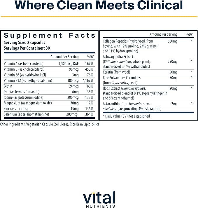 Vital Nutrients Hair Growth Vitamins Complex for Women - Hair Growth Supplement Supports Fuller, Thicker, Stronger with Keratin, Ashwagandha, Hops and Biotin - Vegan, Dairy, Gluten Free - 60 Count