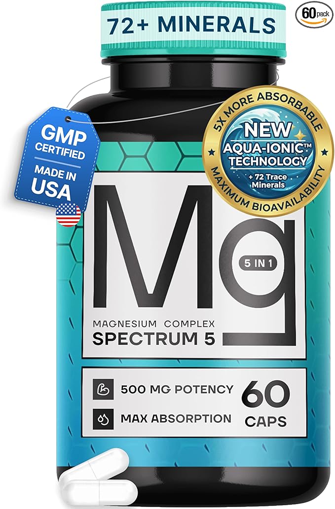 Spectrum 5 Magnesium | 5-in-1 Complex + 72 Trace Minerals for Enhanced Absorption | Irish Sea Sourced | 500mg per Serving | Made in USA, Third Party Tested, GMP Certified