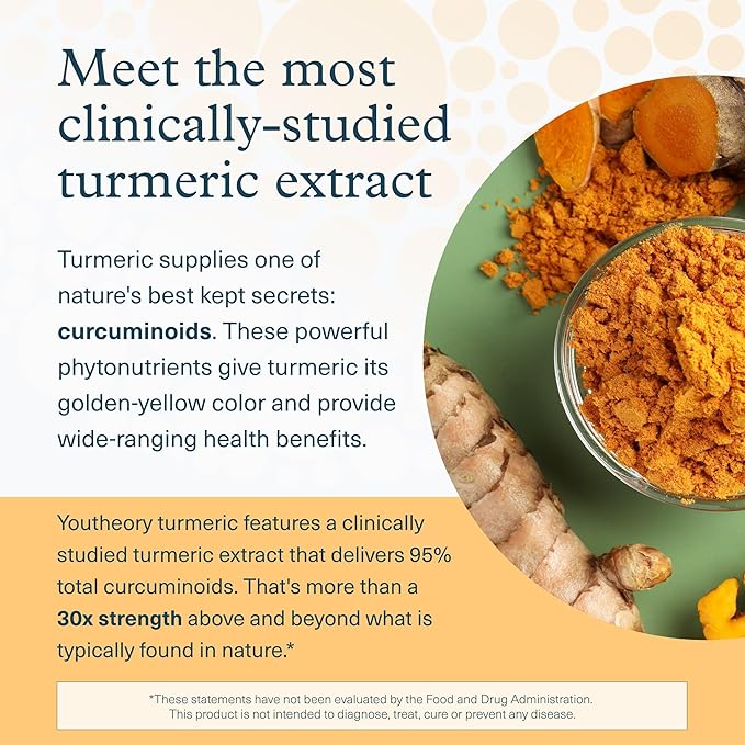 Youtheory Turmeric Extra Strength - 1,000 mg Turmeric Supplement - with 10 mg Black Pepper - Curcumin Joint Support* - Soy, Dairy & Gluten Free -120 Vegetarian Capsules