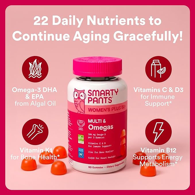 SmartyPants Multivitamin Gummy for Women 50 and Over, Omega 3 (DHA/EPA), Methylfolate, CoQ10, Vitamin D3, C, Vitamin B12, B6, A, K, Biotin, Gluten Free, 90 Count (30 Day Supply)