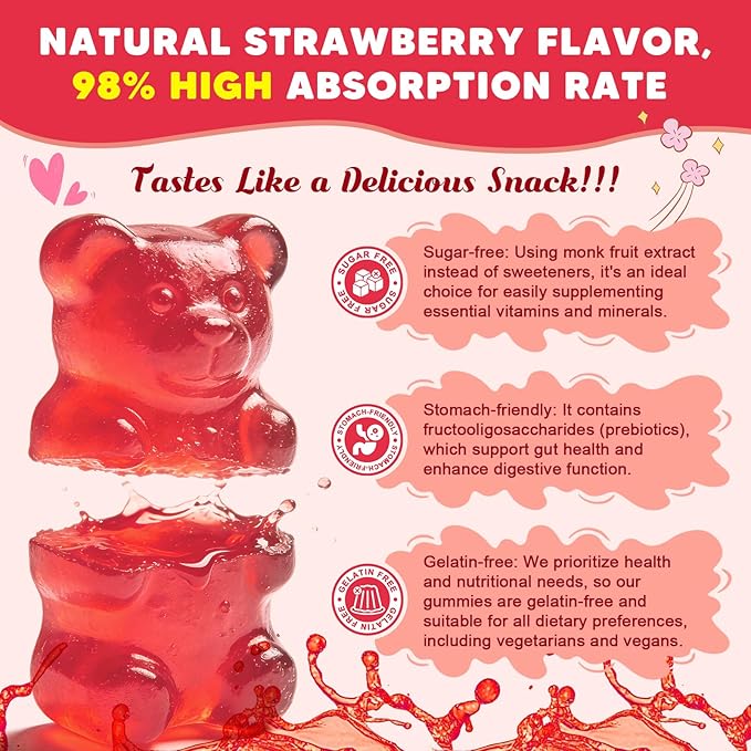 Sugar Free Calcium Multivitamin Gummies for Kids with Methyl B12 & Methylfolate, Calcium, Vitamins C, D, A, B1, B2, B6, Biotin, Magnesium, Zinc, with Nutritional, Immune, Bone Support, 60 Ct
